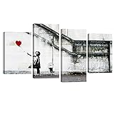 Wieco Art Famous Canvas Paintings Wall Art Banksy Grafitti Girl with Red Balloon Modern Large 4 Piece Inspirational Grey Love Giclee Pictures Print Artwork for Dining Room Kitchen Home Office Decor