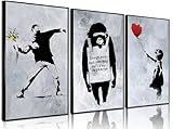 3 Pcs Banksy Street Graffiti Wall Art Man Throwing Flowers Art Canvas Paintings Girl Balloons Posters Prints Images of Living Room Bedroom Teen Room Wall Decor Pictures Unframed