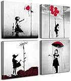 DJSYLIFE Banksy Canvas Wall Art Girl with Red Balloon Street Graffiti Wall Decor There is Always Hope Nola Abstract Artwork Black and Grey Modern Home Office Decorations 12' W x 12' H 4 Pieces