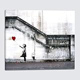 Wieco Art Banksy Grafitti Girl with Red Balloon Large Modern Gallery Wrapped Giclee Canvas Prints Artwork Grey Love Pictures Paintings on Canvas Wall Art for Living Room Bedroom Home Decorations
